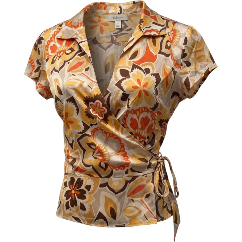 Talbots Silk Wrap Blouse Vintage 90s Floral Orange Top Sz 18 Womens Workwear